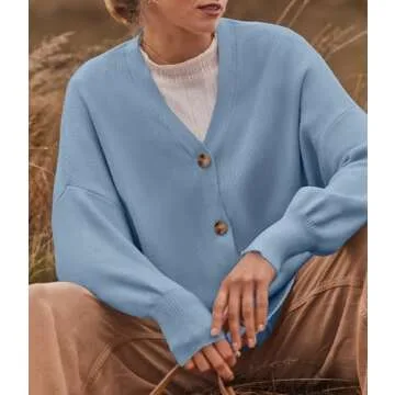 ZESICA Women's Casual Long Sleeve Cardigan V Neck Button Down Open Front Knit Loose Oversized Sweater Coat,Blue,Small