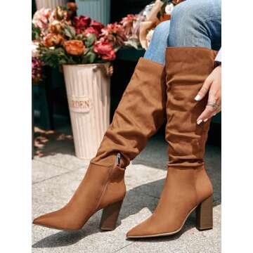 PiePieBuy Womens Faux Suede Knee High Boots Pointed Toe High Chunky Heel Side Zipper Party Dress Boo...