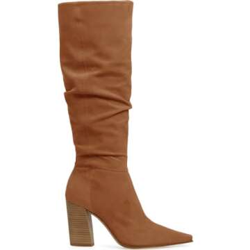 PiePieBuy Womens Faux Suede Knee High Boots Pointed Toe High Chunky Heel Side Zipper Party Dress Booties, Brown, Size 8