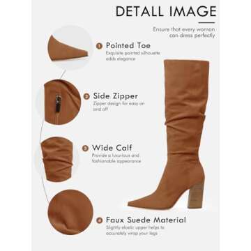 PiePieBuy Womens Faux Suede Knee High Boots Pointed Toe High Chunky Heel Side Zipper Party Dress Booties, Brown, Size 8