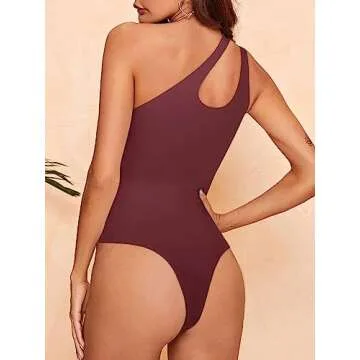 REORIA Women's Summer Sexy One Shoulder Cutout Front Sleeveless One Piece Tank Tops Backless Thong Bodysuits Leotards for Going Out Burgundy Small