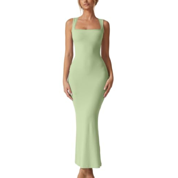 QINSEN Women's Square Neck with Lace Detail Long Maxi Dress Sleeveless Lounge Ribbed Full Length Dre...