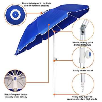 Blissun 7' Portable Beach Umbrella with Sand Anchor, Tilt Pole, Adjustable Height, Carry Bag, Air Vent, Portable Sun Shelter for Beach Patio Garden Outdoor, Blue