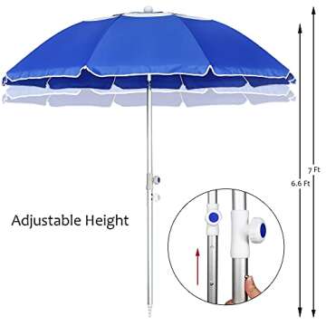 Blissun 7' Portable Beach Umbrella with Sand Anchor, Tilt Pole, Adjustable Height, Carry Bag, Air Vent, Portable Sun Shelter for Beach Patio Garden Outdoor, Blue