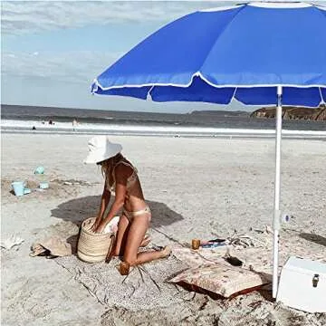 Blissun 7' Portable Beach Umbrella with Sand Anchor, Tilt Pole, Adjustable Height, Carry Bag, Air Vent, Portable Sun Shelter for Beach Patio Garden Outdoor, Blue