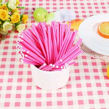 100Pcs Lollipops Sticks, 4in Mini Pink Lollipops Sticks Cake Pop Sticks, Lolly candy sticks for Cand...