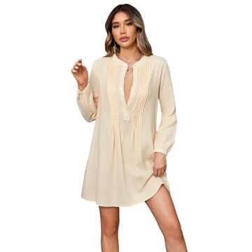 R.Vivimos Women's Tunic Dress Fall Cotton Button Down Long Sleeves Casual Mini Shirt Dress (Medium, Beige)