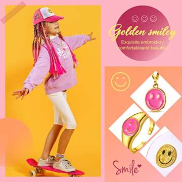 Zhanmai 12 Pcs Preppy Jewelry Set Smile Face Sequins Hat Smile Face Necklace Earrings Ring Surfer Bracelets Preppy Accessories (Cool Style, Polyester)