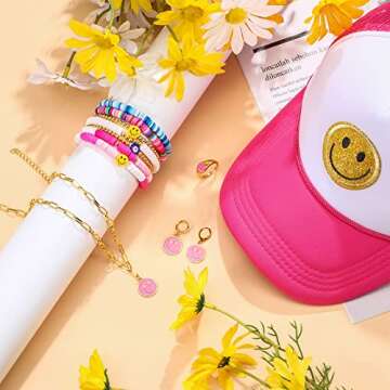 Zhanmai 12 Pcs Preppy Jewelry Set Smile Face Sequins Hat Smile Face Necklace Earrings Ring Surfer Bracelets Preppy Accessories (Cool Style, Polyester)