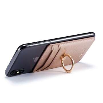 TOPWOOZU Phone Card Holder with Ring Grip for Back of Phone,Adhesive Stick-on Credit Card Wallet Pocket for iPhone,Android and Smartphones Rosegold