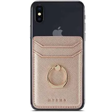 TOPWOOZU Phone Card Holder with Ring Grip for Back of Phone,Adhesive Stick-on Credit Card Wallet Pocket for iPhone,Android and Smartphones Rosegold