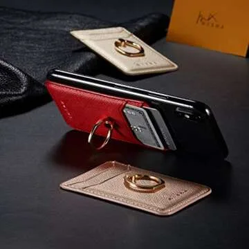 TOPWOOZU Phone Card Holder with Ring Grip for Back of Phone,Adhesive Stick-on Credit Card Wallet Pocket for iPhone,Android and Smartphones Rosegold