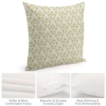 Green Beige Flower Check Throw Pillow Cover,Traditional Checkered Decorative Pillow Cases Cotton Linen Square Cushion Covers for Sofa Couch,18"x18"