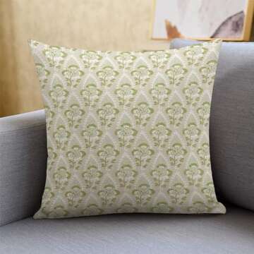 Green Beige Flower Check Throw Pillow Cover,Traditional Checkered Decorative Pillow Cases Cotton Linen Square Cushion Covers for Sofa Couch,18"x18"