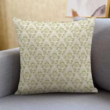Green Beige Flower Check Throw Pillow Cover,Traditional Checkered Decorative Pillow Cases Cotton Linen Square Cushion Covers for Sofa Couch,18"x18"