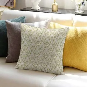 Green Beige Flower Check Throw Pillow Cover,Traditional Checkered Decorative Pillow Cases Cotton Linen Square Cushion Covers for Sofa Couch,18"x18"