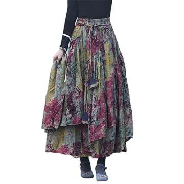 Womens Elastic High Waisted Aline Printed Floral Vintage Retro Pleated Maxi Long Skirts(Print 1, L)