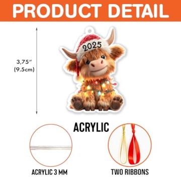 Highland Cow Christmas Ornament 2025, Farmhouse Animal 3.75" (2D Flat) Double-Sided Acrylic Ornament...