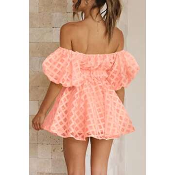 PRETTYGARDEN Women's Off The Shoulder Babydoll Dress Short Puff Sleeve Casual A Line Ruffle Summer Dresses (Plaid Peach Pink,Small)