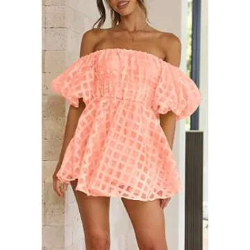PRETTYGARDEN Women's Off The Shoulder Babydoll Dress Short Puff Sleeve Casual A Line Ruffle Summer Dresses (Plaid Peach Pink,Small)