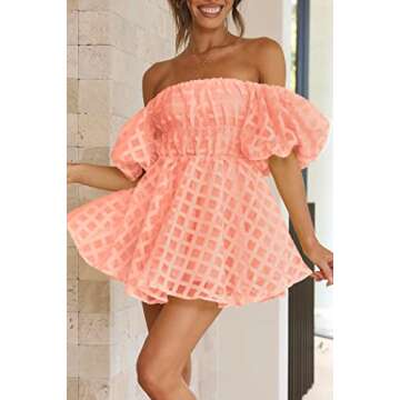 PRETTYGARDEN Women's Off The Shoulder Babydoll Dress Short Puff Sleeve Casual A Line Ruffle Summer Dresses (Plaid Peach Pink,Small)