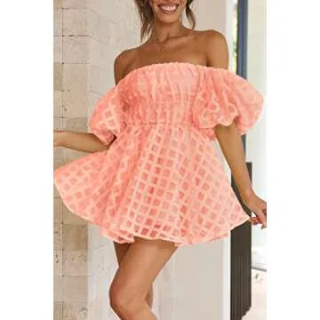PRETTYGARDEN Women's Off The Shoulder Babydoll Dress Short Puff Sleeve Casual A Line Ruffle Summer Dresses (Plaid Peach Pink,Small)