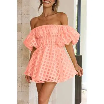 PRETTYGARDEN Women's Off The Shoulder Babydoll Dress Short Puff Sleeve Casual A Line Ruffle Summer Dresses (Plaid Peach Pink,Small)