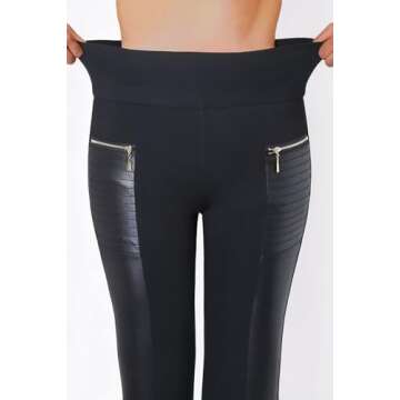 Flamingals Faux Leather Mid Waisted Tummy Control Motorcycle Leggings for Women Stretchy with Pocket...