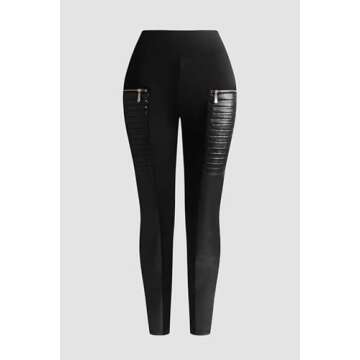 Flamingals Faux Leather Mid Waisted Tummy Control Motorcycle Leggings for Women Stretchy with Pockets Patch Zip Black M