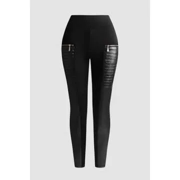 Flamingals Faux Leather Mid Waisted Tummy Control Motorcycle Leggings for Women Stretchy with Pockets Patch Zip Black M