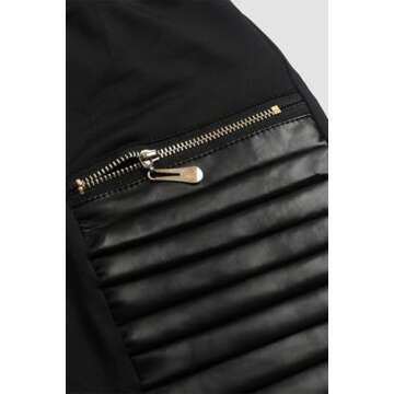 Flamingals Faux Leather Mid Waisted Tummy Control Motorcycle Leggings for Women Stretchy with Pockets Patch Zip Black M