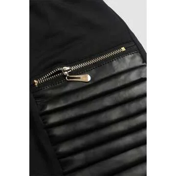 Flamingals Faux Leather Mid Waisted Tummy Control Motorcycle Leggings for Women Stretchy with Pockets Patch Zip Black M