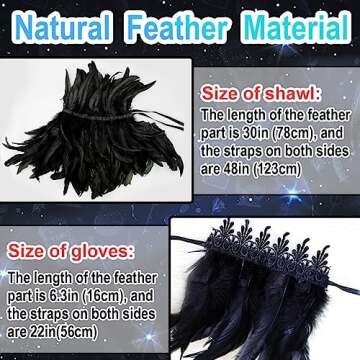 quescu Black Feather Shawl with 2 Pack Feather Gloves for Women,Gothic Feather Cape Maleficent Costu...