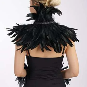 quescu Black Feather Shawl with 2 Pack Feather Gloves for Women,Gothic Feather Cape Maleficent Costume for Halloween Cosplay