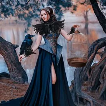 quescu Black Feather Shawl with 2 Pack Feather Gloves for Women,Gothic Feather Cape Maleficent Costume for Halloween Cosplay