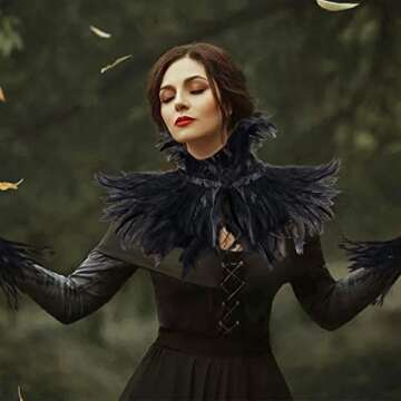 quescu Black Feather Shawl with 2 Pack Feather Gloves for Women,Gothic Feather Cape Maleficent Costume for Halloween Cosplay