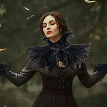 quescu Black Feather Shawl with 2 Pack Feather Gloves for Women,Gothic Feather Cape Maleficent Costume for Halloween Cosplay