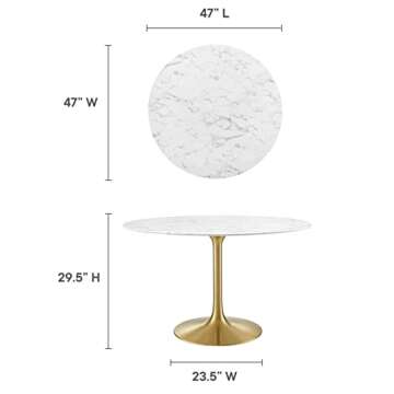 Modway Lippa 47" Mid-Century Dining Table with Round Artificial Marble Top in Gold White