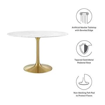 Modway Lippa 47" Mid-Century Dining Table with Round Artificial Marble Top in Gold White