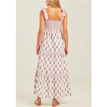 Women Summer Sleeveless Striped Maxi Dress Tie Shoulder Strap Smocked Flowy Dress Y2k Floral Beach Sundress(Tie Flower 390,Large)
