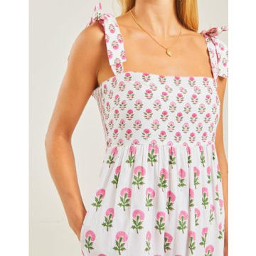 Women Summer Sleeveless Striped Maxi Dress Tie Shoulder Strap Smocked Flowy Dress Y2k Floral Beach Sundress(Tie Flower 390,Large)