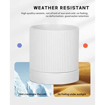 LaDoVita 3 Pack Ceramic Plant Pots 6/5/4 inch, Flowerpot for Indoor Plants with Drainage Holes and Tray, Outdoor Garden Planters, Modern Decorative for Home, White Vertical Stripes
