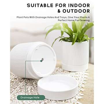 LaDoVita 3 Pack Ceramic Plant Pots 6/5/4 inch, Flowerpot for Indoor Plants with Drainage Holes and Tray, Outdoor Garden Planters, Modern Decorative for Home, White Vertical Stripes