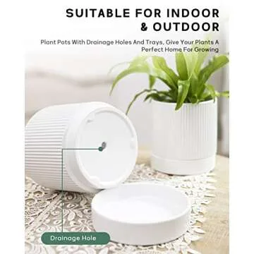 LaDoVita 3 Pack Ceramic Plant Pots 6/5/4 inch, Flowerpot for Indoor Plants with Drainage Holes and Tray, Outdoor Garden Planters, Modern Decorative for Home, White Vertical Stripes