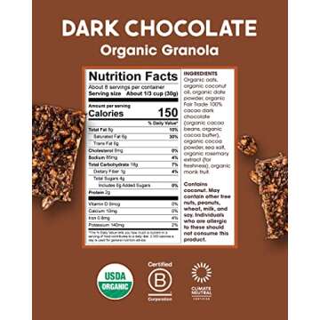Alter Eco Dark Chocolate Granola, Healthy, Organic Breakfast & Snack, Naturally Sweetened with Fruit, Vegan, No Artificial Sugars or Additives, Regeneratively-Farmed Oats (Dark Chocolate - 1 Pack)
