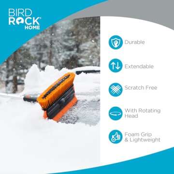 BIRDROCK HOME 60" Extendable Car Snow Brush and Ice Scraper | Lightweight Aluminum Snow Clearing Too...