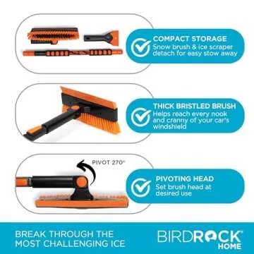 BIRDROCK HOME 60" Extendable Car Snow Brush and Ice Scraper | Lightweight Aluminum Snow Clearing Tool w/Detachable Ice Scraper w/Ergonomic Grip Design | 13" Foam & Bristle Head for Truck Car SUV RV