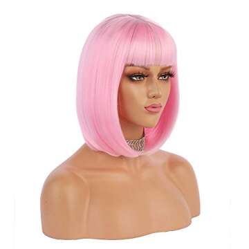 eNilecor Short Bob Hair Wigs 12" Straight with Flat Bangs Synthetic Colorful Cosplay Daily Party Wig...