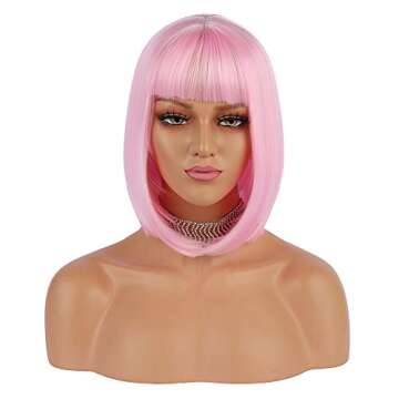 eNilecor Short Bob Hair Wigs 12" Straight with Flat Bangs Synthetic Colorful Cosplay Daily Party Wig for Women Natural As Real Hair+ Free Wig Cap (Light Pink)