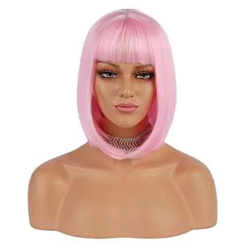 eNilecor Short Bob Hair Wigs 12" Straight with Flat Bangs Synthetic Colorful Cosplay Daily Party Wig for Women Natural As Real Hair+ Free Wig Cap (Light Pink)